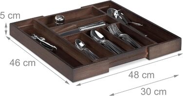 Relaxdays Cutlery Drawer Organizer, Pull-Out, Variable Width, 5-7 Compartments, Bamboo Organizer, HBT: 5x48x46cm, dark brown