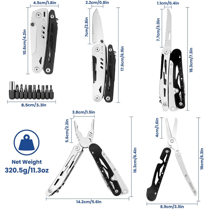 Мультитул HONZIN 12-в-1 з нержавіючої сталі, мультиінструмент з ножицями та набором біт, для кемпінгу та активного відпочинку