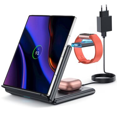 Зарядний пристрій GEEKERA 3-в-1: бездротова зарядка для Samsung Galaxy Z Fold/Flip, Fitbit Sense/Versa, Galaxy Buds (чорний)