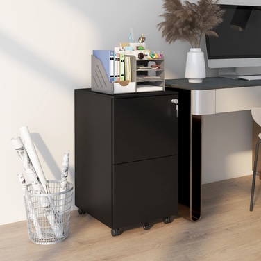 Vinsetto Rolling File Cabinet, Black with 2 Lockable Drawers on Steel Casters, 37x43.5x67.5cm for Office & Home Office