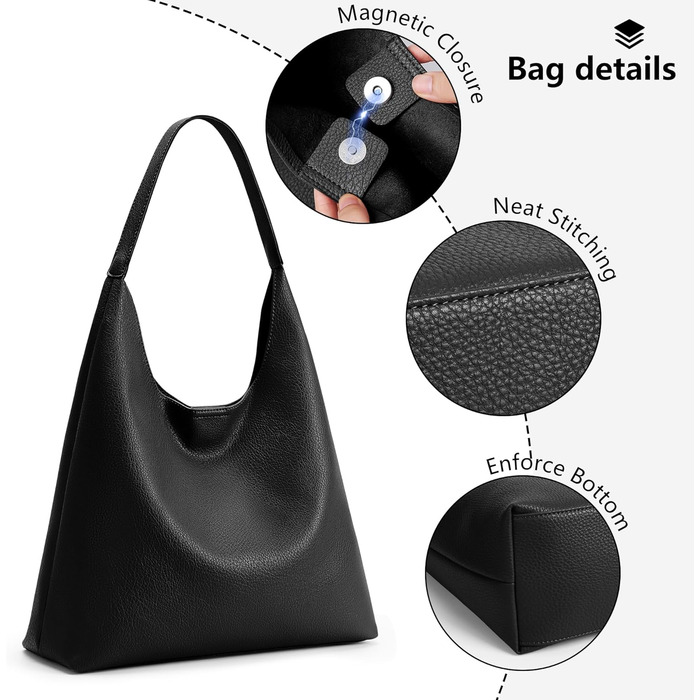 Сумка жіноча KALIDI Shopper Hobo з PU шкіри, чорна, велика для роботи, школи, повсякденна з кнопкою
