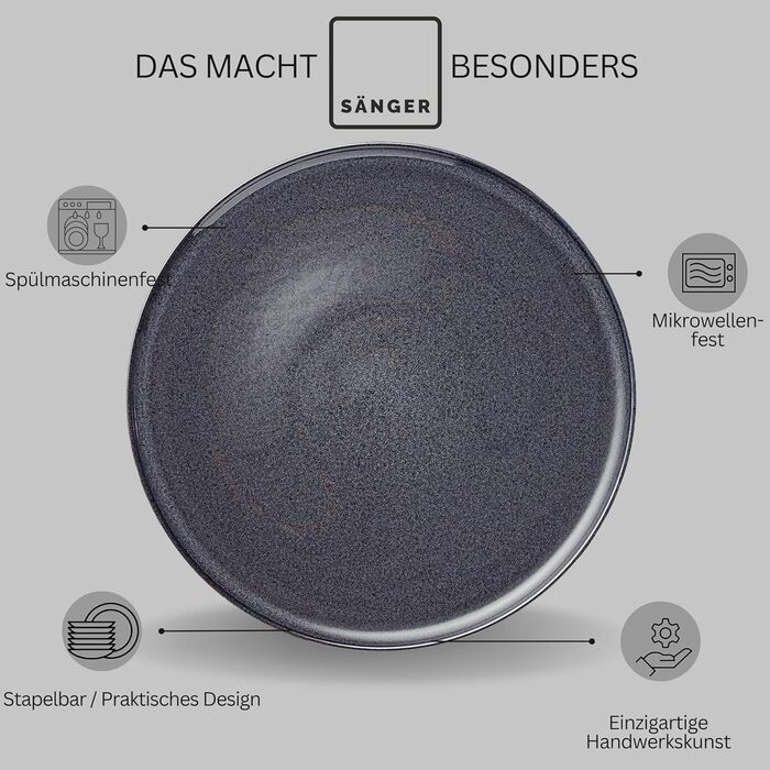 SÄNGER | Bali 24-Piece Dinner Set, Tableware Set for 8 People, Stoneware Plates, Dinnerware Set including Dinner Plates, Dessert Plates & Deep Plates, Dinner Plates, Table Service Dark Gray with Dark Grain. Bali Tableware Set 24 pcs.