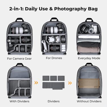 Фоторюкзак K&F Concept 25L для фотографа та відеографа: легкий, з дощовиком та знімними перегородками, відділення для штатива