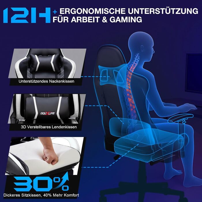 Ігровий крісло Douxlife з 7-точковим масажем, підніжкою, ергономічний офісний крісло, регулювання спинки 90-175°, регульовані 2D підлокітники, крісло для ПК Gamer, максимальне навантаження 150-180 кг, (Чорний/Білий)