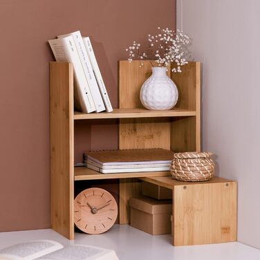 Navaris Acacia Desk Organizer 64x15.5x40 - Desk Shelf Organization System Adjustable - Corner Shelf for Kitchen Office Bathroom Shelf Attachment - Natural (Light Brown)