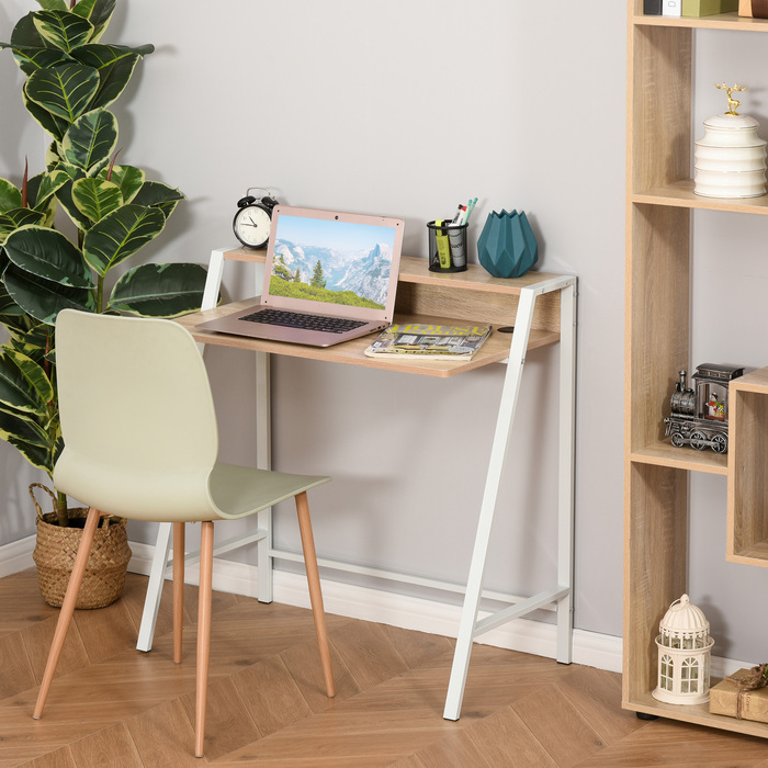 HOMCOM Desk Modern Computer Desk with Storage Shelf & Cable Management Metal Frame White Oak 84x45x85cm for Home Office & Study
