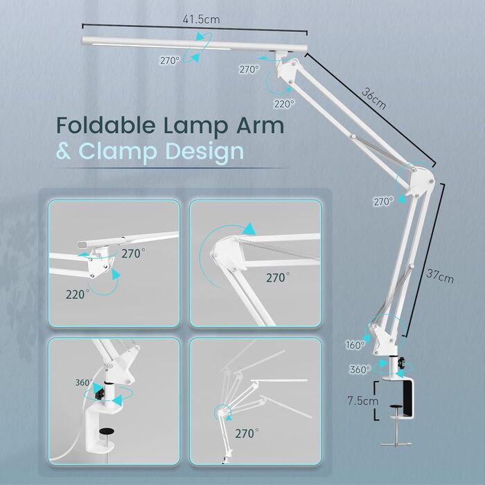 Лампа для робочого столу в офіс, кріпиться на стіл, архітекторська лампа з адаптером QC3.0, лінза Френеля, 5 режимів кольору та регулювання яскравості, лампа-прищіпка з функцією пам'яті, біле освітлення