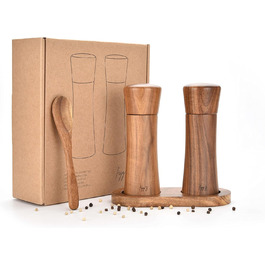 figg Salt and Pepper Grinder Wood Small (15.5 cm) - Set - Spice Grinder with Ceramic Grinder including Wooden Spoon and Wooden Coaster - Suitable as a Pepper and Salt Grinder