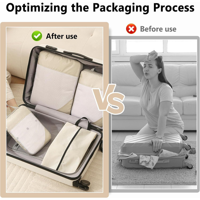 Набір органайзерів для валізи POWZOO (8 шт.) - компресійні кубики для одягу та взуття, бежевий