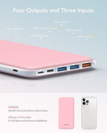 Power Bank Charmast 26800mAh з 4 виходами та 3 входами, USB-C, рожевий. Сумісний з iPhone, iPad, Samsung та іншими пристроями