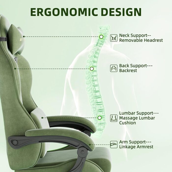 Геймерське крісло Ferghana Ergonomisch LW210: зручне крісло для комп'ютера з підголівником, подушкою для попереку, підлокітниками та підставкою для ніг (Зелений)
