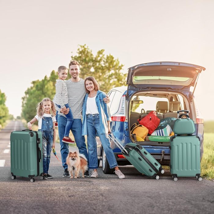 Набір валіз LEADZM 4 шт. з косметичками, посилені кути, ABS, телескопічна ручка, ручна поклажа (Чорний, Турквіс)