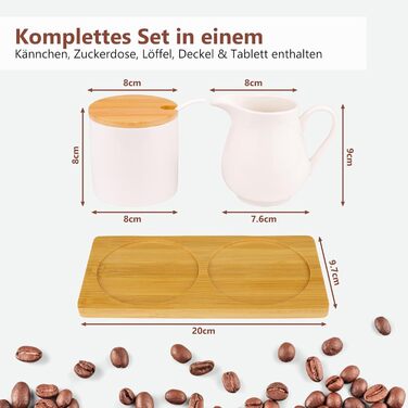 Набір для молока та цукру з кришкою та ложкою: глечик для молока з кераміки та цукорниця з дерев'яним підносом, придатний для миття в посудомийній машині та використання в мікрохвильовій печі (білий)
