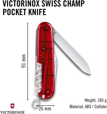 Мультитул Victorinox Swiss Champ: 33 функції, ніж, коркомаг, викрутка (прозорий червоний)