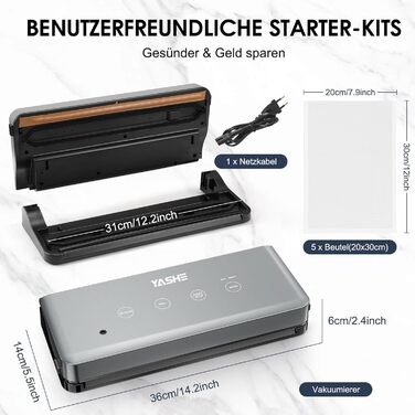 Вакуумний пакувальник YASHE з сухим та вологим режимом, 5-в-1, зварювальна штанга 30 см, для су-від та консервації м'яса, риби, фруктів та овочів