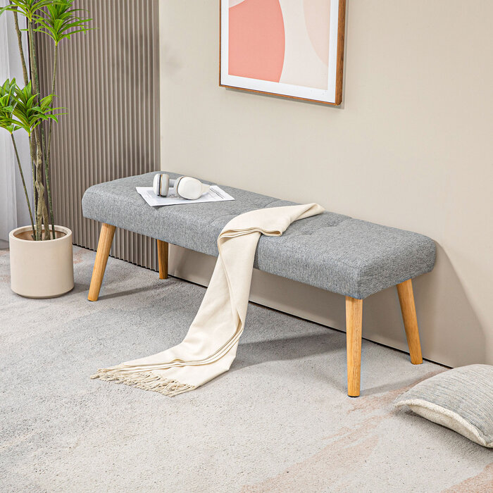 HOMCOM Bench Upholstered Bench Linen Look Button Tufting Bed Bench with Wooden Legs for Bedroom Living Room Entryway 120x41x43 cm Grey