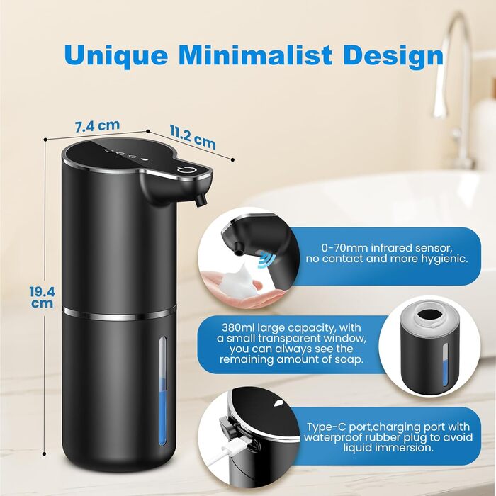 Автоматичний дозатор мила на батарейці з сенсором, USB-зарядка, 4 рівня регулювання, для кухні, ванної, школи. Підходить для рідкого та пінного мила. Білий колір.