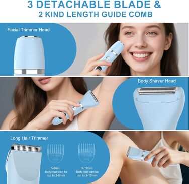 Електричний жіночий триммер 3-в-1 для обличчя, тіла та зони бікіні. Вологостійкий, з LCD-дисплеєм (Блакитний)