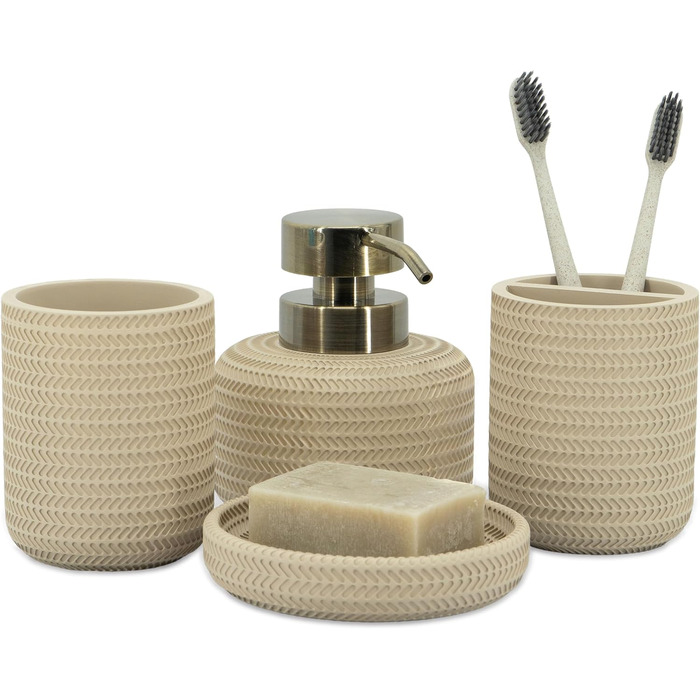 ZCCZ Bathroom Set – 4-Piece Organizer Set with Toothbrush Holder, Soap Dispenser, Cosmetic Bowl, and Cotton Swabs – Elegant Stone-Look Decor, for Modern Bathrooms (Beige 4pcs)