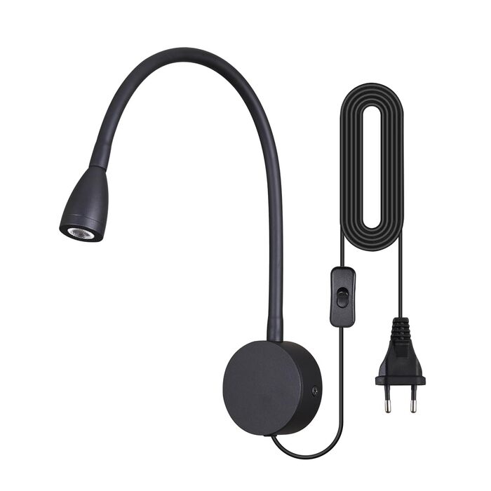 Світлодіодний настінний світильник для читання 3W теплий білий 3000K чорний, з вимикачем на шнурі