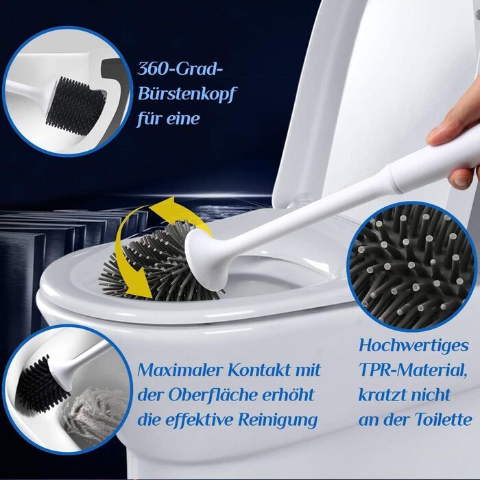 Силіконова щітка для унітазу BOENFU з швидким висиханням, без свердління, настінний кріплення та підставка для ванної кімнати, біла