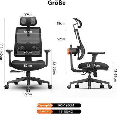 Офісне крісло Newtral MAGICH 003: ергономічне, з підтримкою попереку та підголівником. Крісло для комп'ютера, чорне, до 150 кг