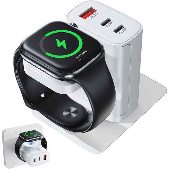 Зарядний пристрій 4-в-1 для Apple Watch та iPhone: 40W USB-C, швидка зарядка PD, сумісний з Apple Watch 10/9/8/7/6/Ultra/SE, iPhone 17/16/15 Pro Max, iPad, AirPods (Білий)