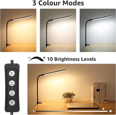 LED лампа для столу Lepro з кріпленням, архітектурна лампа з регульованим підсвічуванням, захист очей, USB, 3 кольори та 10 рівнів яскравості, чорна