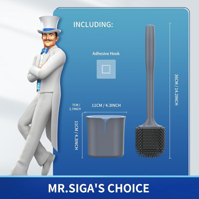 MR.SIGA Набір для туалету: щітка та тримач, кріплення на стіну без свердління, сірий