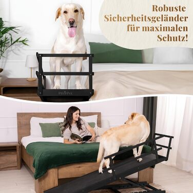 Сходинки для собак до ліжка з поручнями - для великих собак до 90 кг - регульована висота до 94.5 см - ширина 49.5 см - складані - з антиковзним покриттям - з берези - натуральний колір (чорний)