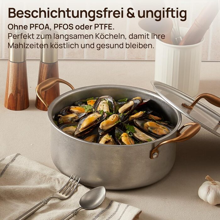 Набір каструль KOKHUB 8 предметів з нержавіючої сталі для індукційних плит, вінтажний стиль, без PFOA/PFAS/PTFE, підходить для всіх типів плит та духовки, можна мити в посудомийній машині