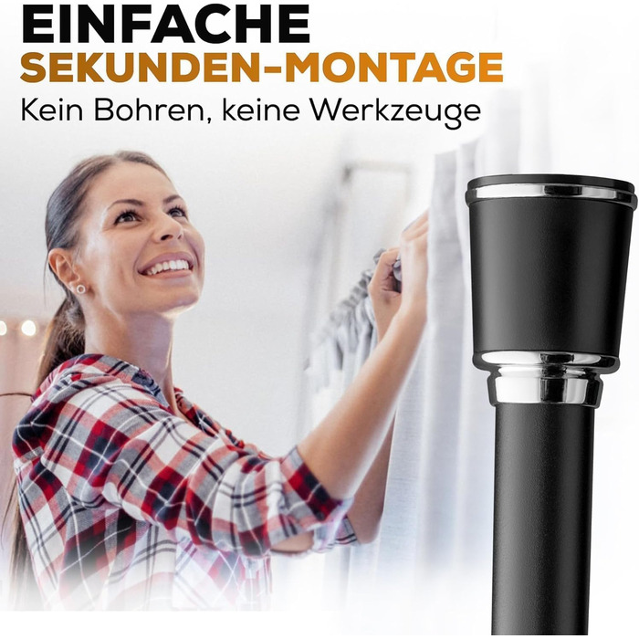 Штанга для штор Ø 32 мм, без свердління - для душу, вікна, кімнати, кухні (370-420 см, Чорний)