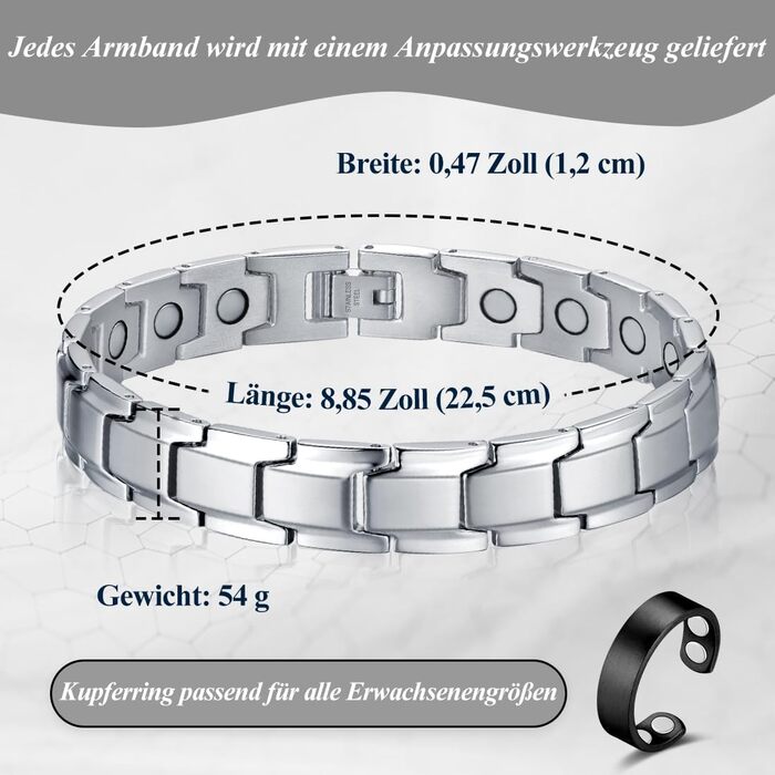 Браслет магнітний чоловічий Vicmag з титанової сталі, подвійний ряд магнітів, регулювальний інструмент, подарункова коробка (однорядний, срібний)