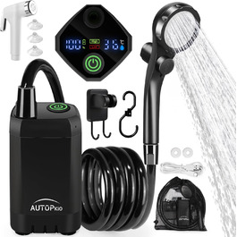 AUTOPkio Camping Shower with Pump, Upgraded Camping Shower 6000mAh Rechargeable Pump, Smart Digital Display for Camp, Outdoor, Pet, Emergency (Black)