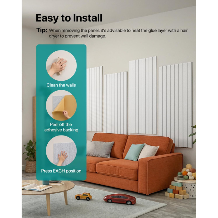 Акустичні панелі Soundsbay самоклеючі для звукоізоляції та декору стін, 120×60×0.9 см, білі (3 шт, 2.16м²)