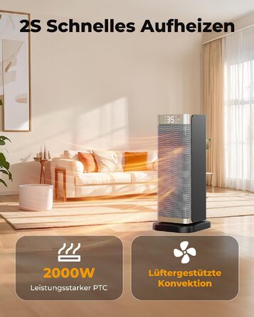 Керамічний електричний обігрівач повітря 2000W з пультом, ECO-режимом, таймером на 12г та функцією повороту 70°, золотий