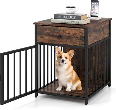 Клітка для собак COSTWAY, вольєр для собак з зарядною станцією, дверцятами, ящиком та металевими трубами, собача будка, приліжкова тумбочка, для маленьких та середніх собак, вінтажний коричневий, 50 x 60 x 64 см