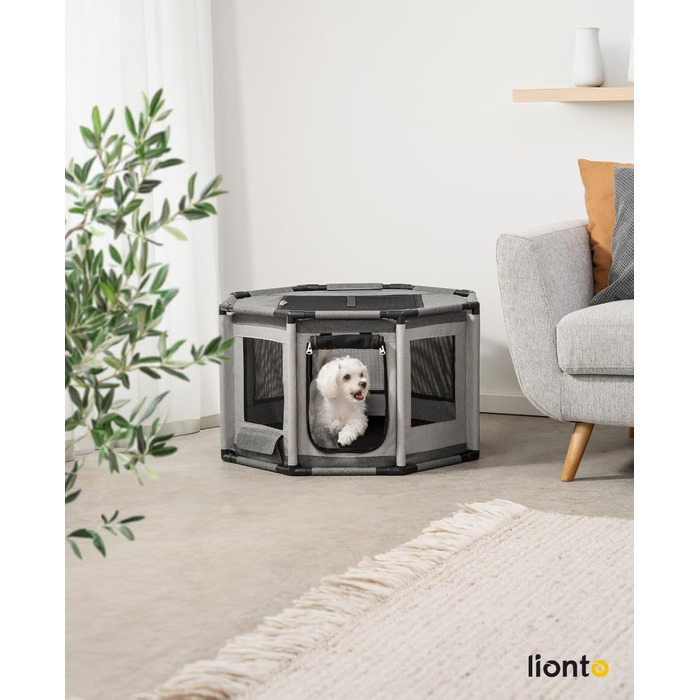 Вольєр для цуценят Lionto з оксфордської тканини, сірий, 112x112x62 см. Атмосферостійкий, з сіткою, блискавкою та кишенею. Підходить для собак та котів.