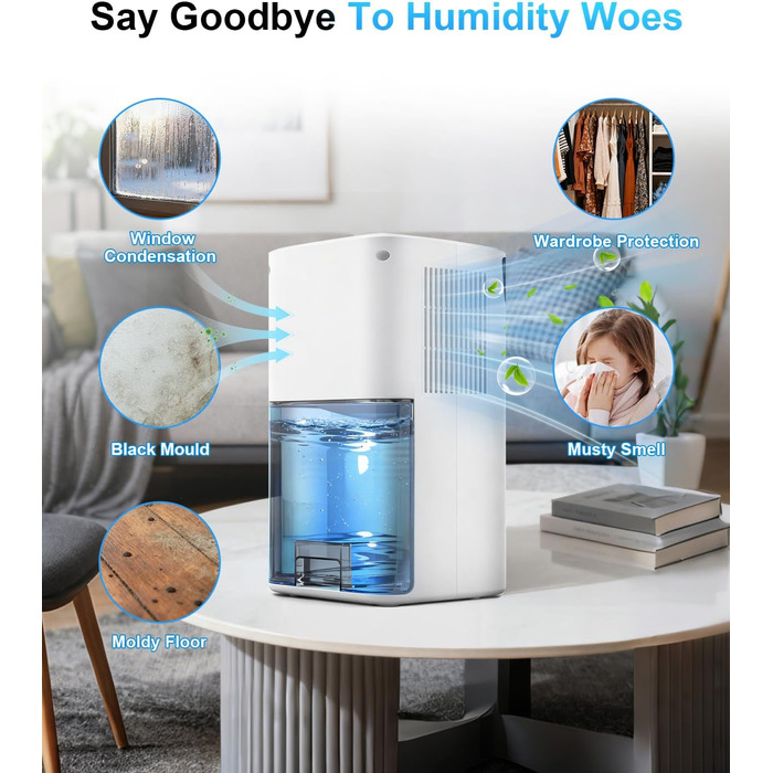 Електричний осушувач повітря з низьким рівнем шуму та підсвіткою, 500 мл. Захист від замерзання. Ідеально для кухні та підвалу