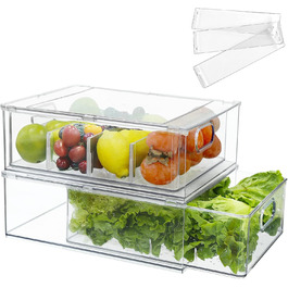 Refrigerator Organizer Drawer Set with Handle, 3-Piece Stackable Kitchen Storage Boxes with Pull-Out Drawer & Lid for Vegetables, Berries, Meat | PET Plastic Food Storage Containers (2 packs with drawer - 6L * 2)