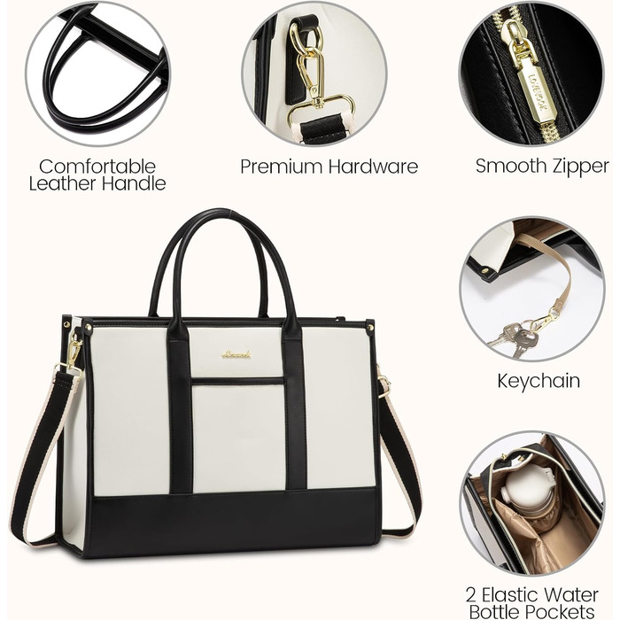 Сумка для ноутбука LOVEVOOK жіноча водонепроникна для роботи, університету (17 дюймів, чорно-бежева). Бізнес-сумка, портфель, сумка для вчителя зі шкіри.