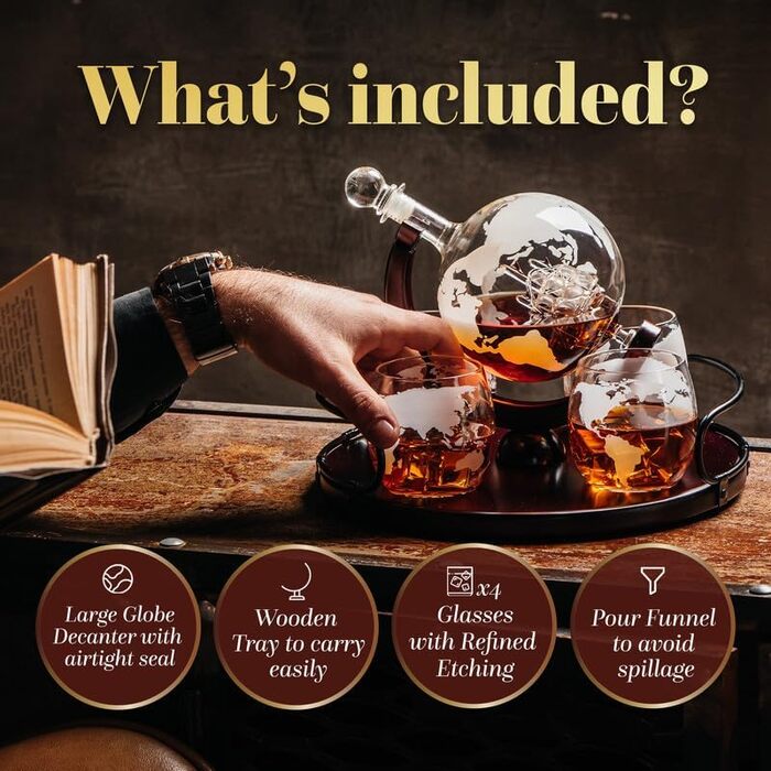 Whisky Decanter Globe for Alcohol - Whiskey Decanter Bar Set with Glasses, Wooden Stand, and World Map - Gifts for Men and Women - Glass Bottle Accessories for Gin, Rum, Scotch, Liqueur, Bourbon, Vodka
