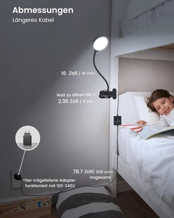 Glocusent 5W LED Лампа для читання на ліжко, кліпса, 36 LED, 5 рівнів яскравості, гнучкий тримач, CRI 90, USB зарядка (біла)