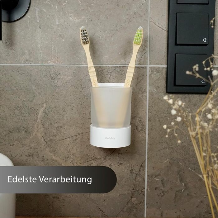Dolvhin® Toothbrush Holder without Drilling | Frosted Glass Toothbrush Cup for Gluing | Tooth Cup & Wall Bracket Toothbrush Holder Stainless Steel | Toothbrush Cup & Toothbrush Organizer | Matte White