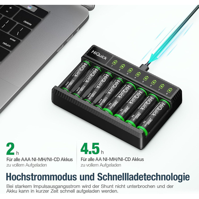 Зарядний пристрій HiQuick для акумуляторів AA AAA, 8 слотів з LED-дисплеєм, сумісний з NI-MH та NI-CD акумуляторами (без акумуляторів)