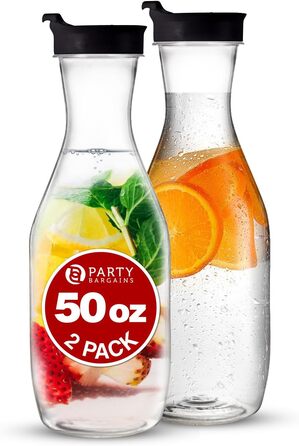 Party Bargains Plastic Carafe with Lid, Transparent, 2 Pack, Black Flip-Top Lid, Premium Quality and Robust Plastic Jug for Iced Tea, Powdered Juice, Cold Drinks, Mimosa Bar, 1.5 L