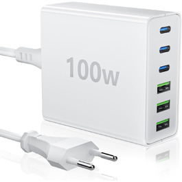 Мережевий зарядний пристрій HSSNS USB-C з 6 портами, 100W, для iPad, iPhone та смартфонів