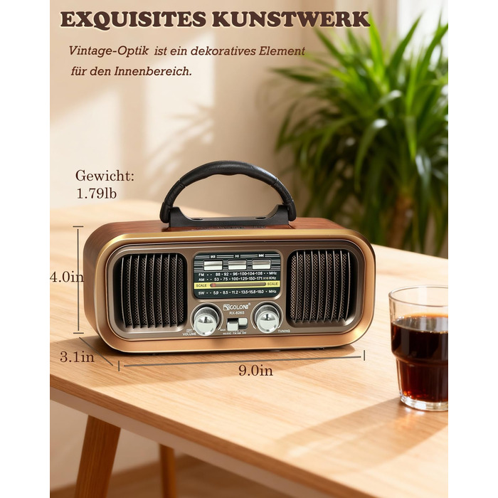 Ретро Радіо Klein з Bluetooth, AM/FM/SW радіо, портативне, з сонячною панеллю, USB/TF картка, подвійний динамік, коричневе