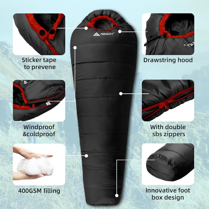 Спальний мішок Forceatt -10°C~15°C, 4 сезони, зимовий для дорослих, водонепроникний, ультралегкий, для кемпінгу, подорожей, туризму та відпочинку. Кольори: синій, чорний.
