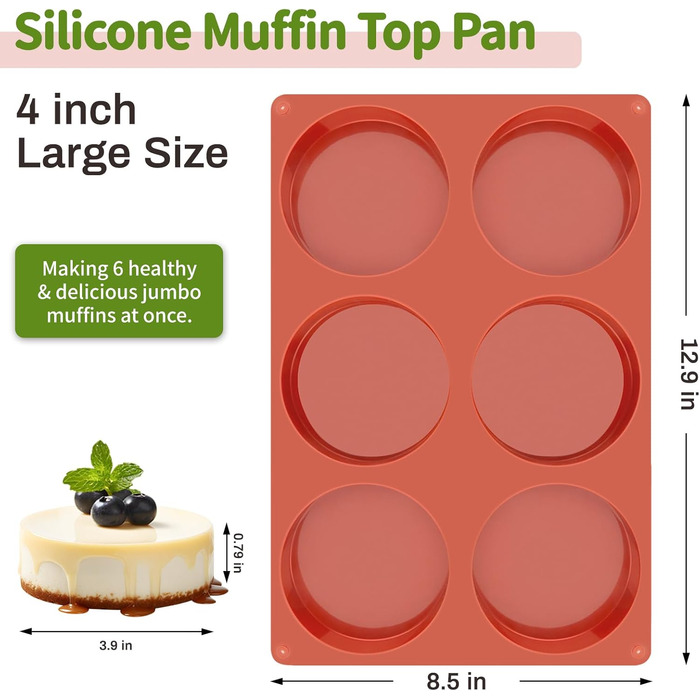JOERSH Silicone Egg Molds, 10.2 cm, Jumbo Muffin Baking Pans, Non-Stick Coated, Large, Round, Silicone Molds for Hamburger Buns, Cornbread, Cakes, Pies, Shortcakes, Breakfast Eggs, Sandwiches